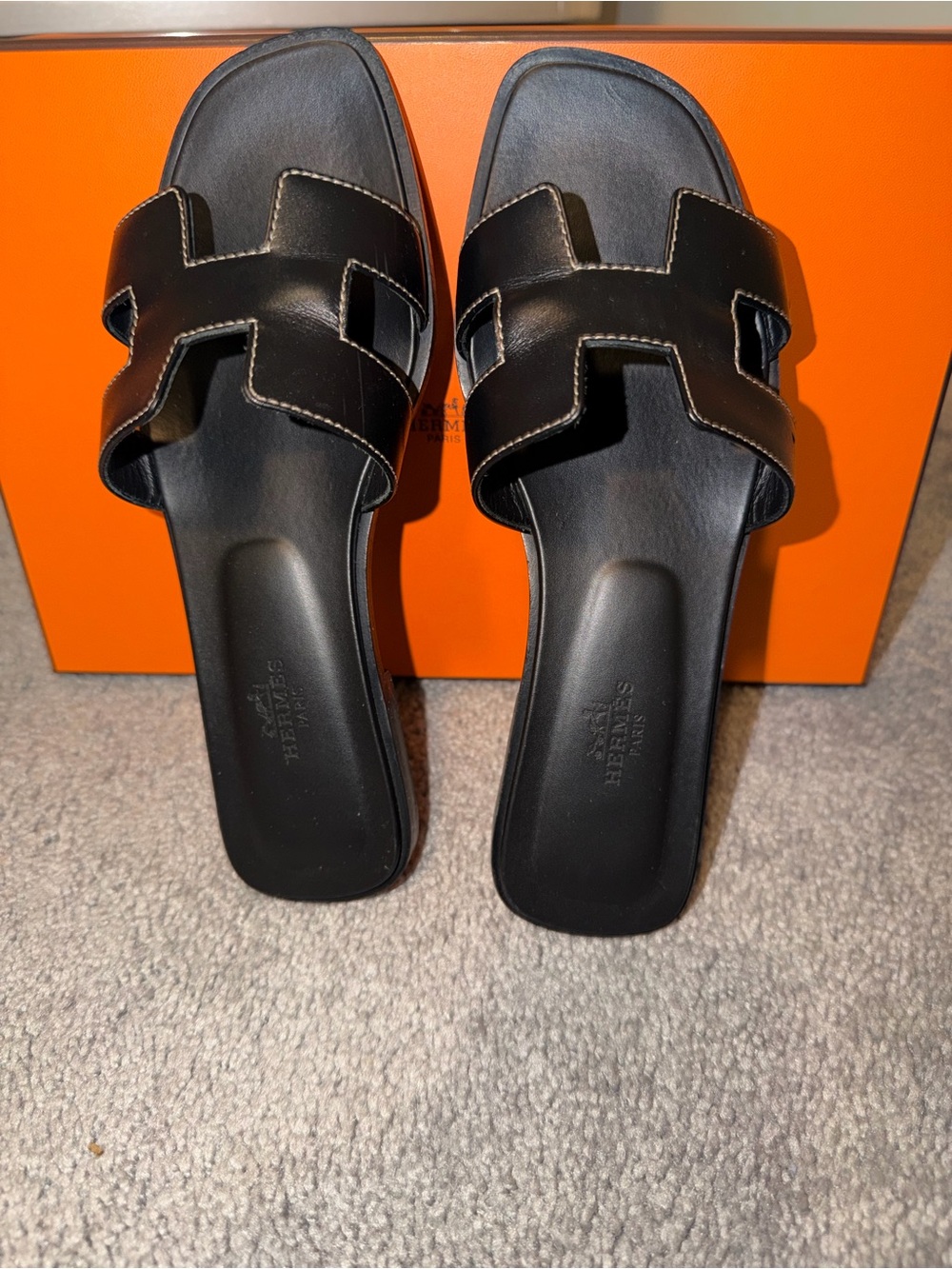 Hermes Black Izmir H Slide Leather Mules